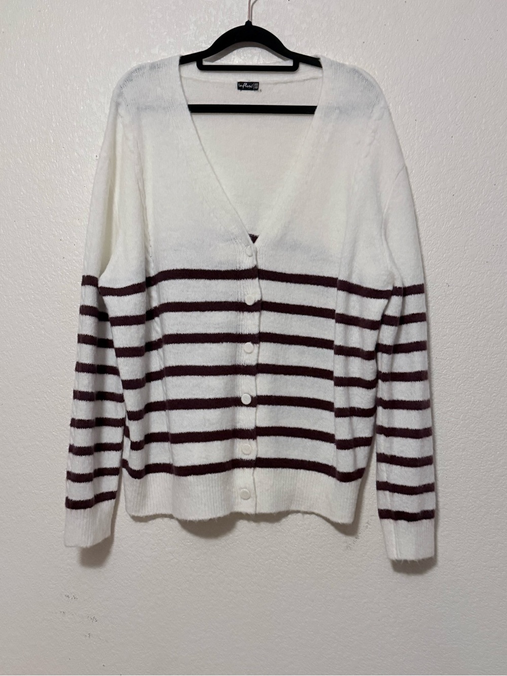 influx Cozy Striped Button-Up Cardigan Sweater - White & Burgundy